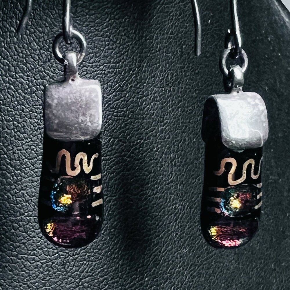 Vintage Dichroic Art Glass Sterling Silver Earrings 1.75" Egyptian Revival